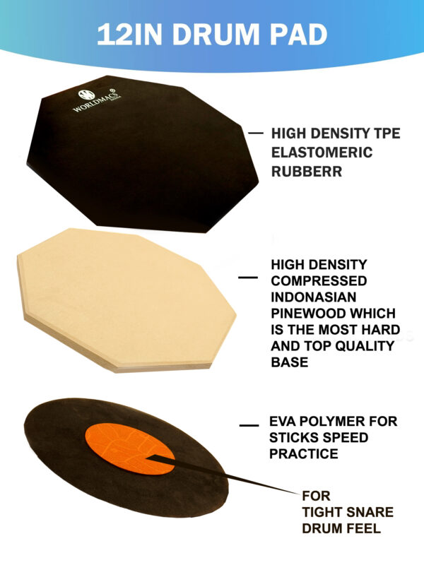 Worldmacs 12 inches drum practice pad with stand, heavy padded back bag and drumsticks and 59 ml oil - Image 4