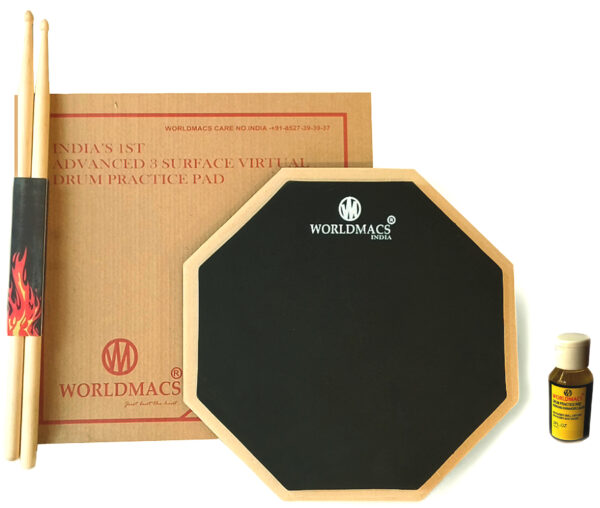 WORLDMACS 12 INCHES ADVANCE 3 SURFACE DRUM PRACTICE PAD WITH BAG DRUMSTICKS AND OIL