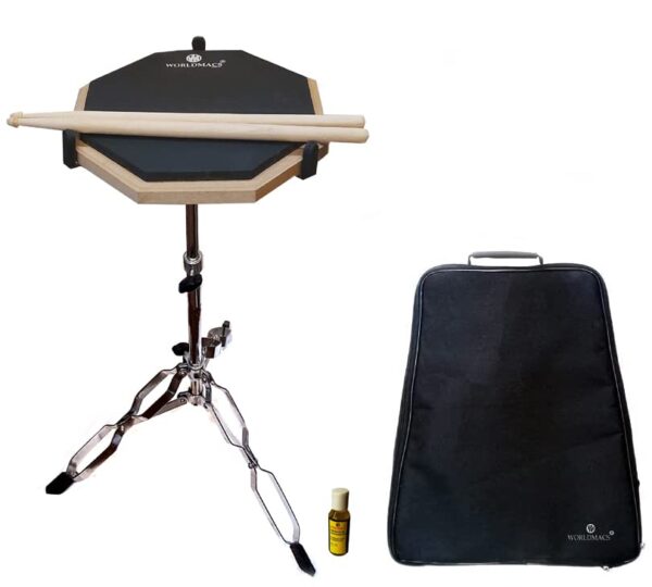 Worldmacs 12 inches drum practice pad with stand, heavy padded back bag and drumsticks and 59 ml oil